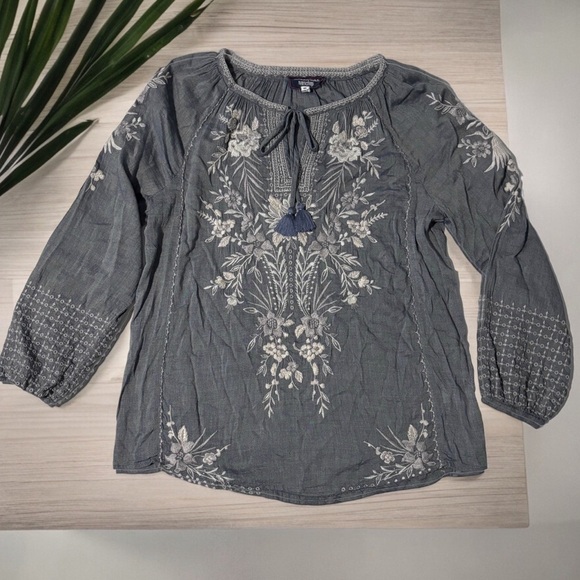 Johnny Was Tops - Johnny Was Workshop Oleander Marrakesh Blouse Chambray White Blue Size XS